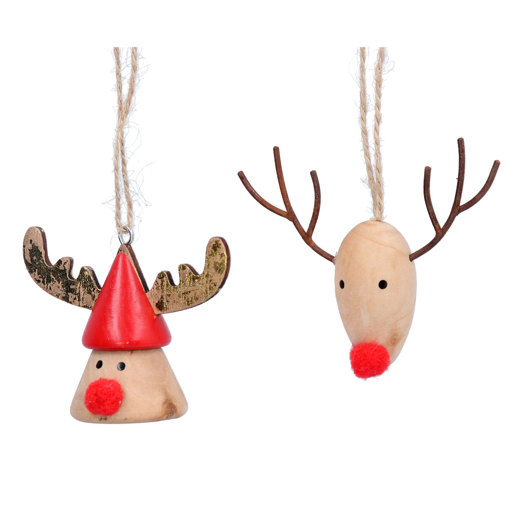 Natural wooden painted deer head with red nose hanging Christmas decoration. By Gisela Graham. The perfect festive addition to your home.